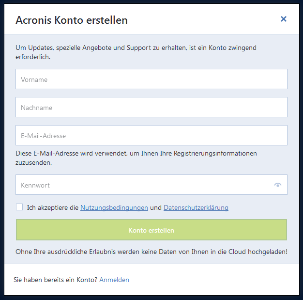 Acronis True Image Konto erstellen