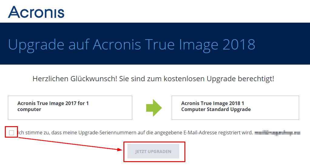 Acronis Upgrade Bestätigung