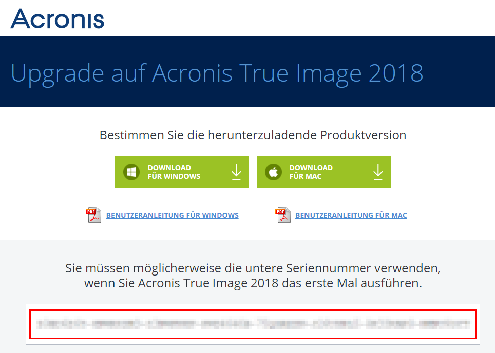 Acronis Upgrade Neue Seriennummer