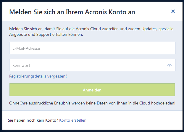 Acronis True Image Anmelden