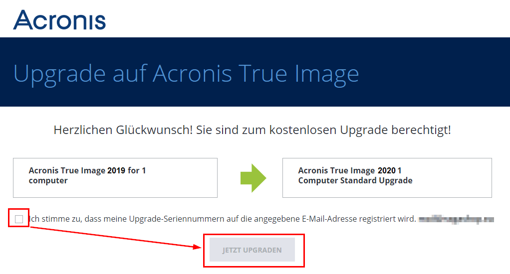 Acronis Upgrade Bestätigung