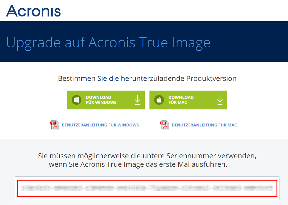 Acronis Upgrade Neue Seriennummer